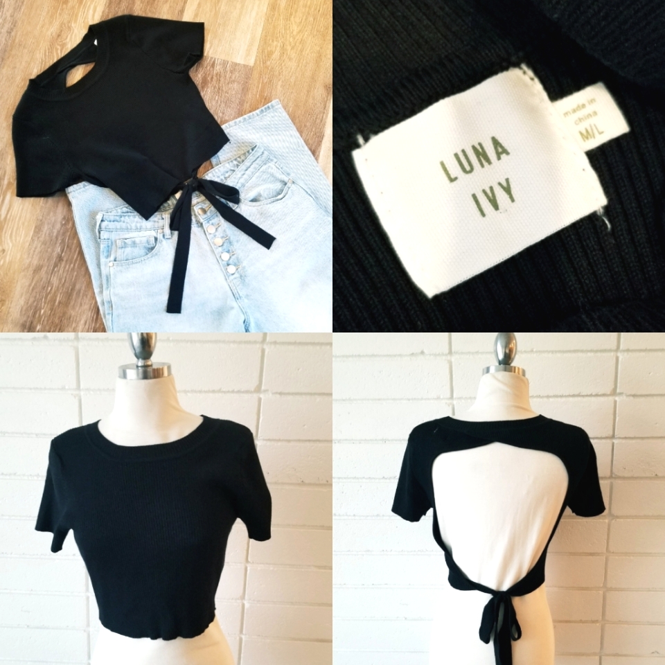 Luna Ivy Womens Cropped Top Sweater Black Open Tie Back Short Sleeve Ribbed Nwot